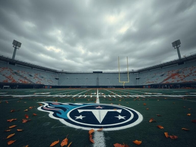 Flick International Somber football stadium with a faded Tennessee Titans logo under a cloudy sky