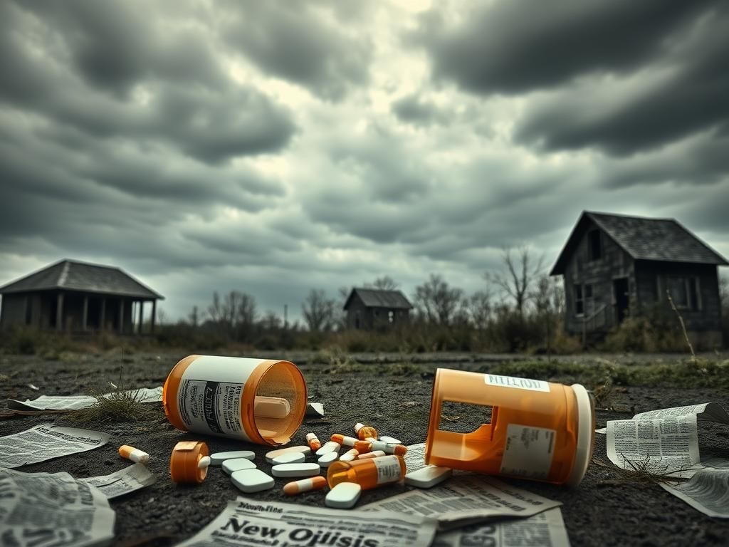 Flick International Somber New Jersey landscape depicting the opioid crisis with a shattered prescription bottle