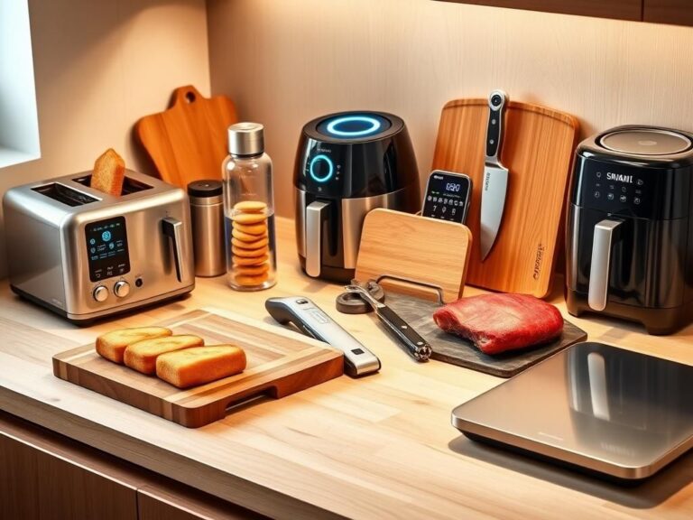 Flick International Modern kitchen gadgets including a smart toaster, Bluetooth water bottle, and self-cleaning cutting board displayed on a countertop