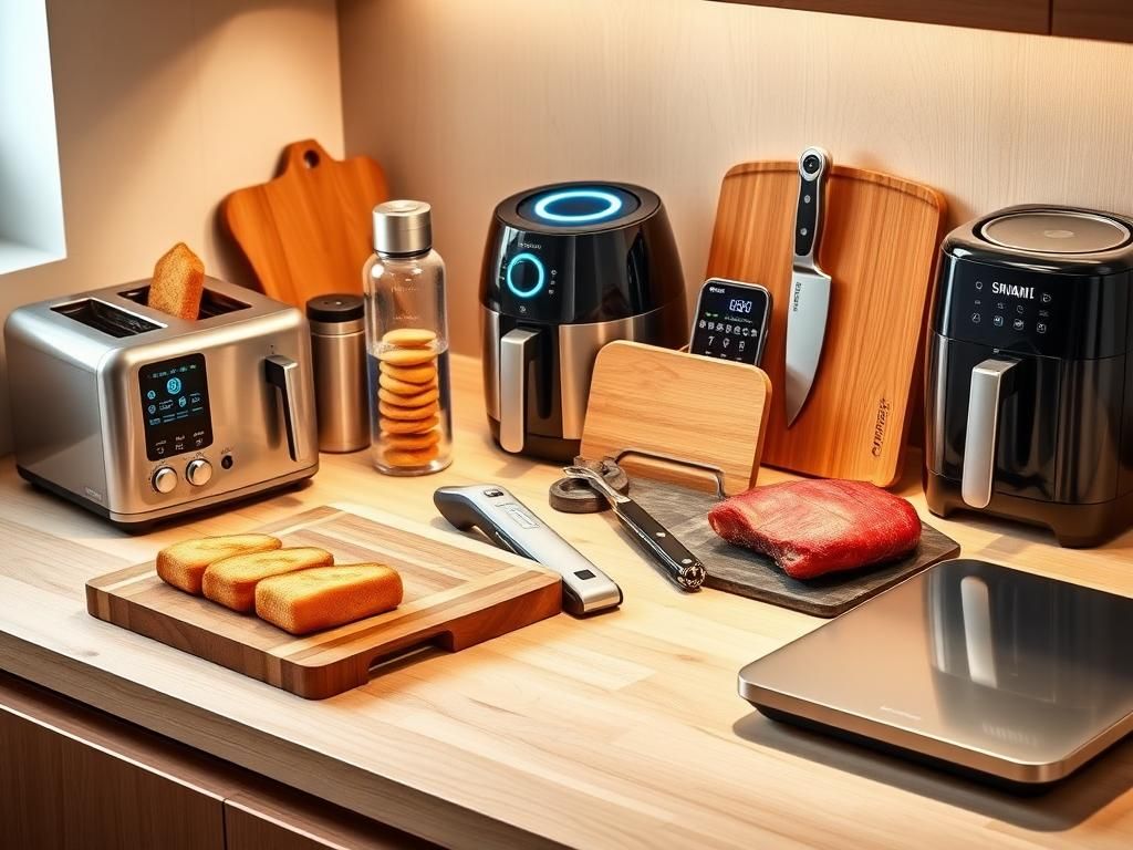 Flick International Modern kitchen gadgets including a smart toaster, Bluetooth water bottle, and self-cleaning cutting board displayed on a countertop
