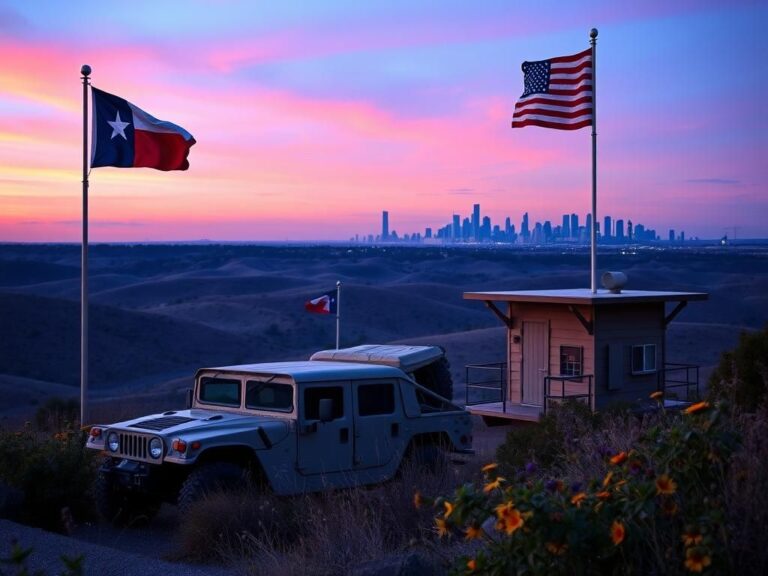 Flick International A Texas National Guard outpost at dusk with flags and a military humvee