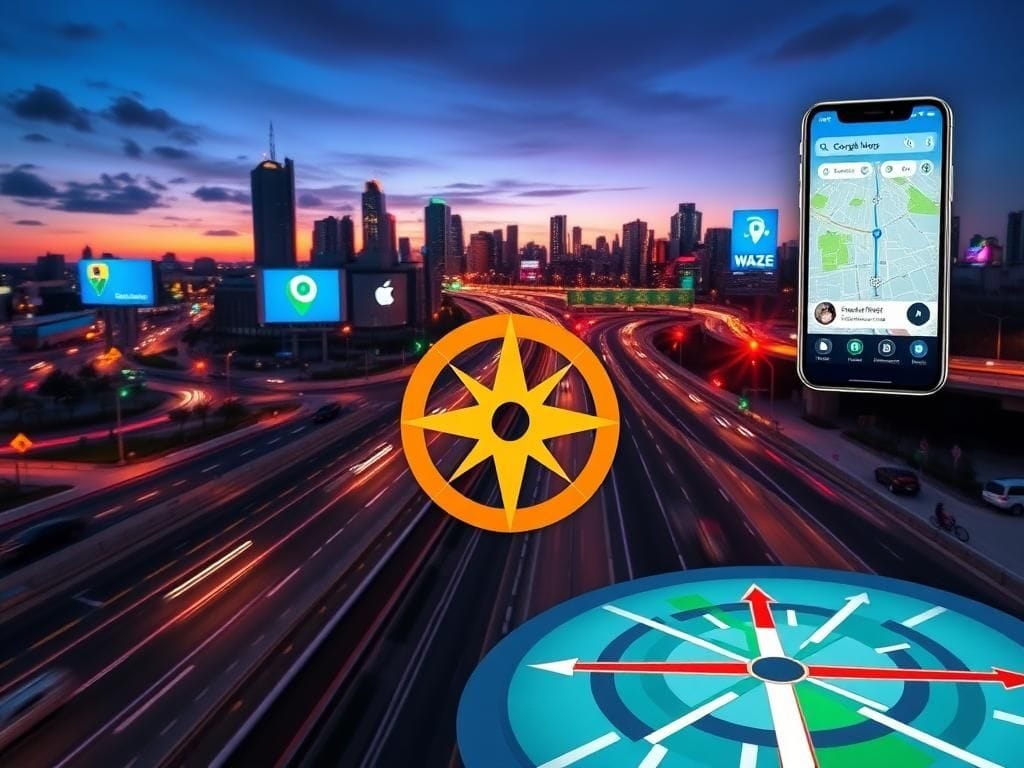 Flick International Vibrant cityscape at dusk showcasing Google Maps, Waze, and Apple Maps logos with illuminated roads and traffic lights