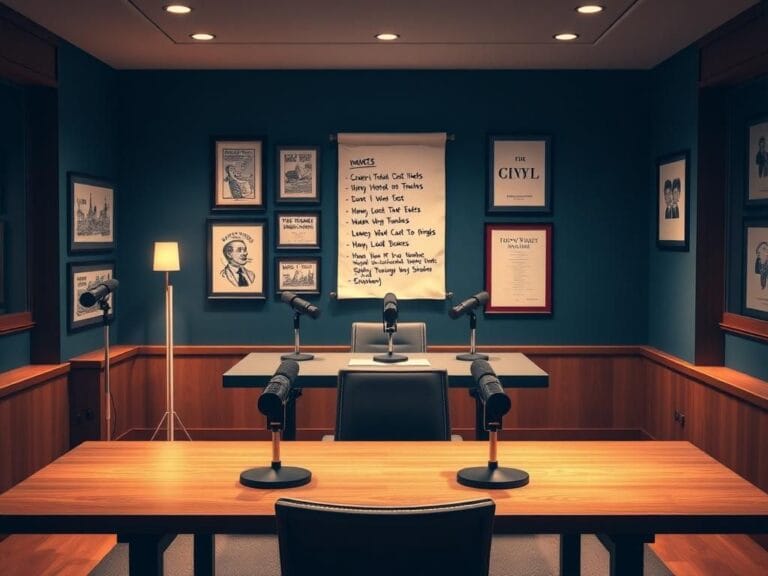 Flick International A sophisticated podcast studio featuring microphones and a cozy atmosphere