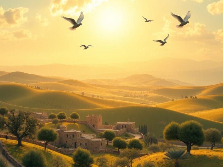 Flick International A serene landscape of rolling hills and olive trees in the Middle East, symbolizing hope and peace