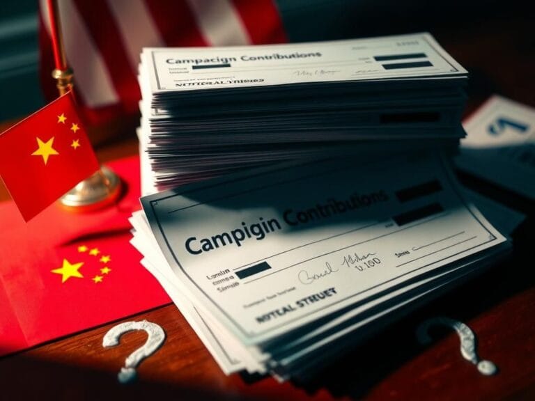 Flick International Close-up of donation checks with American and Chinese flags, symbolizing political contributions and scrutiny