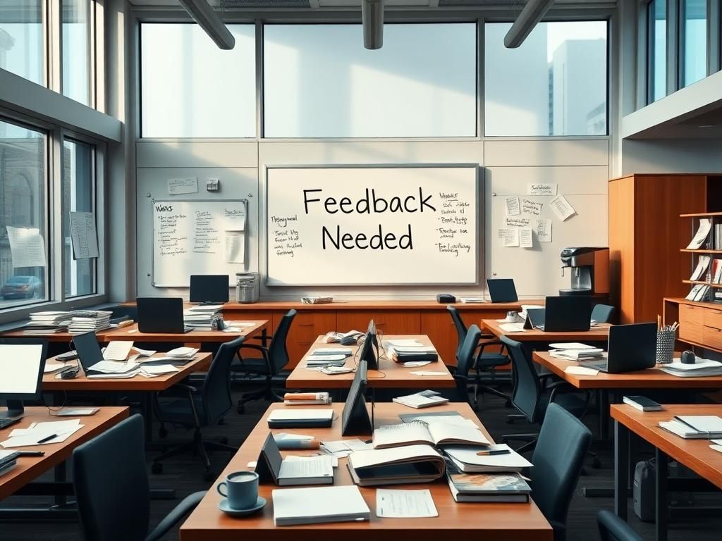 Flick International Modern newsroom with cluttered desks and laptop screens reflecting staff tensions