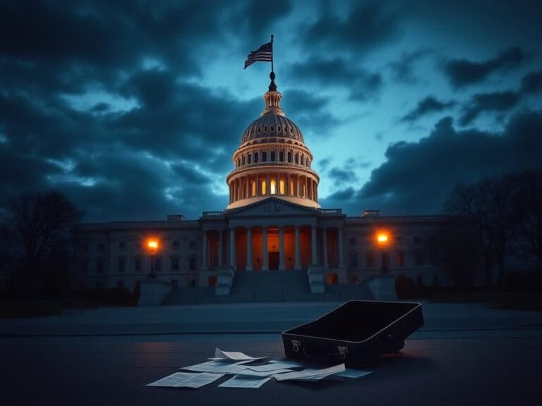 Flick International Dramatic depiction of an empty Capitol building at dusk with scattered papers symbolizing stalled negotiations