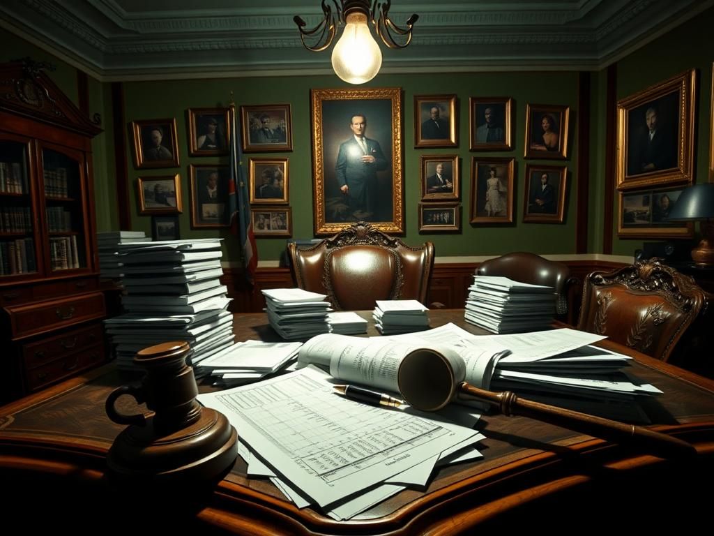 Flick International A dimly lit office with financial documents and a gavel, symbolizing chaos and greed in the Alex Murdaugh case