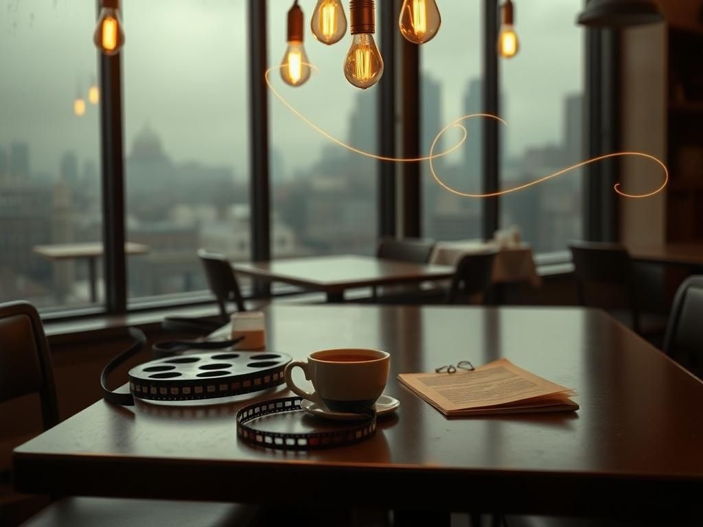 Flick International A melancholic scene of an empty vintage café illuminated by warm Edison bulbs with a table set for two and a cup of coffee.