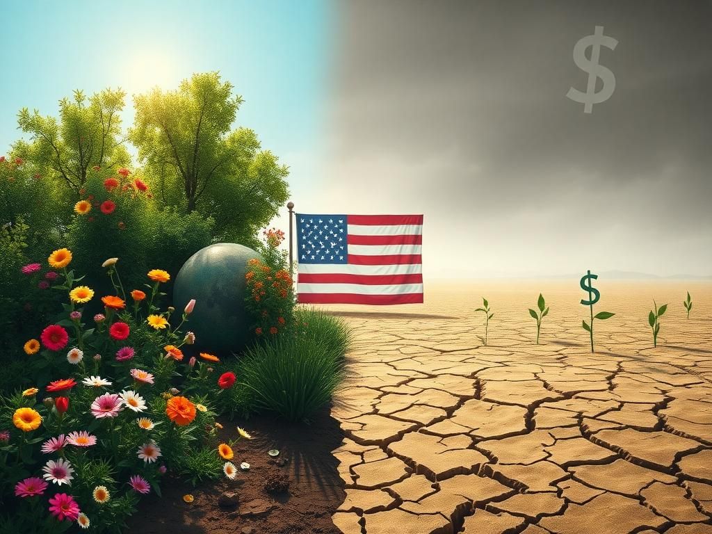 Flick International A split landscape representing the tension between progressive values and economic concerns, featuring a vibrant left side and a stark right side.