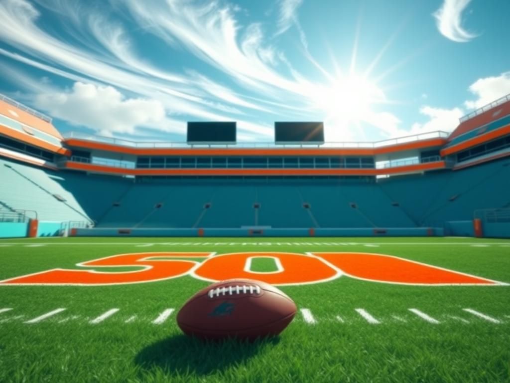 Flick International Empty football field with Miami Dolphins logo and a football on the ground