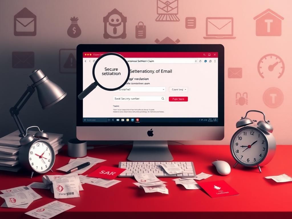 Flick International A cluttered desk with a computer displaying a suspicious settlement claim website