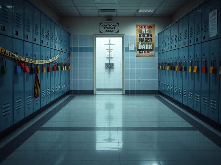 Flick International A visually striking image of a public swimming pool locker room with rainbow-colored locks symbolizing LGBTQ+ rights amid controversy.