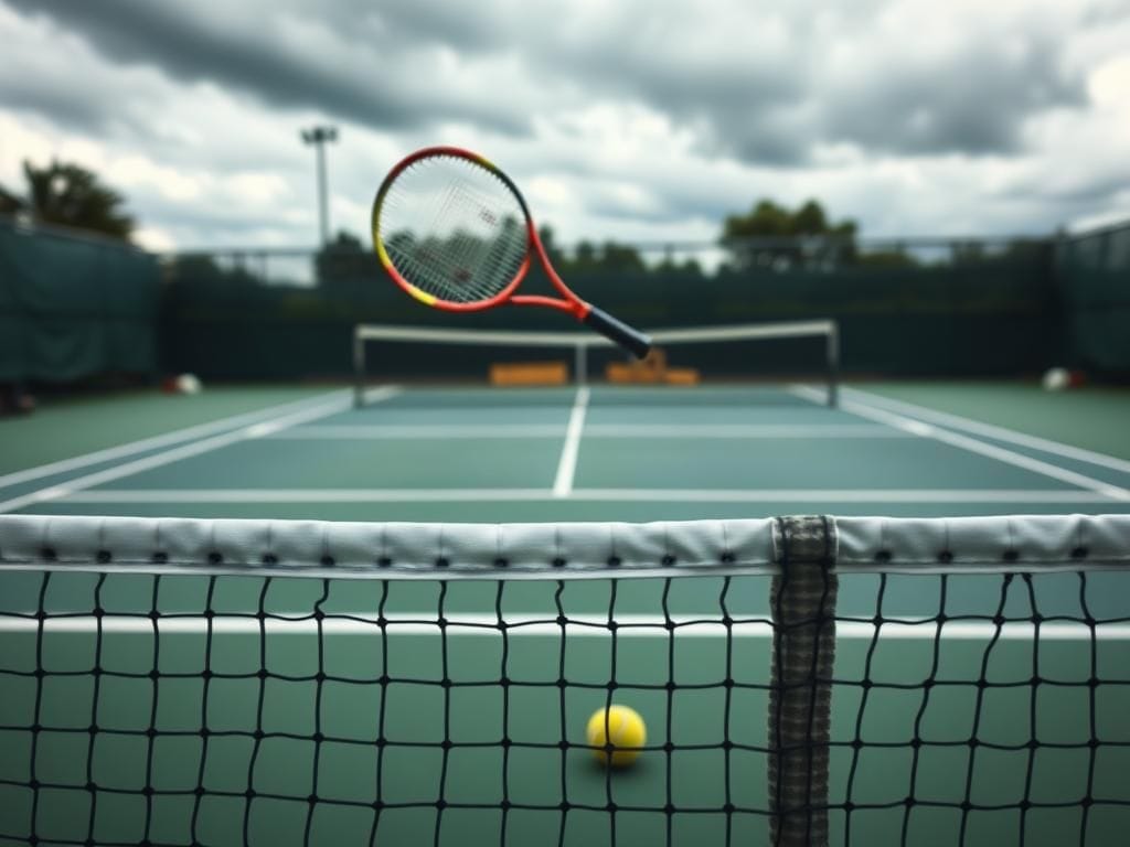 Flick International Tennis racket flying through the air nearly missing a ballboy during a match