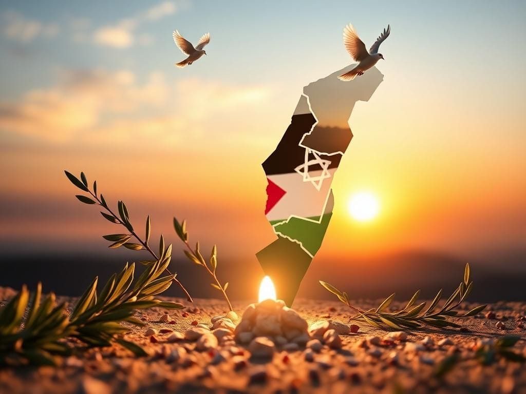 Flick International Conceptual representation of peace in the Middle East featuring a mending map of Israel and Palestine with olive branches and doves