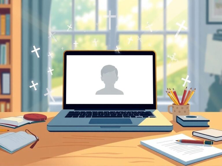 Flick International Illustration of an open laptop displaying a blank Zoom interface symbolizing the absence of a student, with elements representing hope and spirituality.