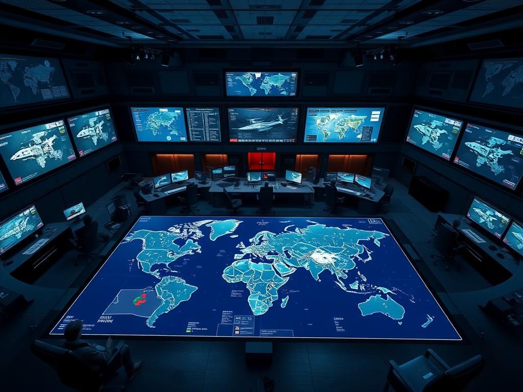 Flick International A high-angle view of a bustling military command center with strategic planning boards and digital displays