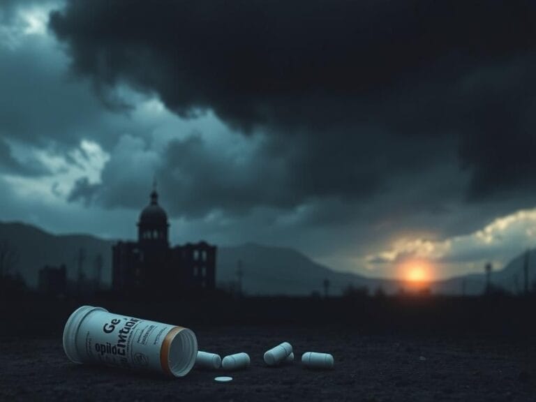 Flick International Dark landscape symbolizing the opioid crisis with abandoned buildings and a broken prescription pad