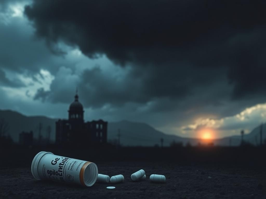Flick International Dark landscape symbolizing the opioid crisis with abandoned buildings and a broken prescription pad