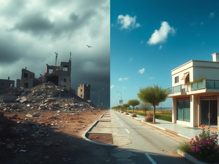 Flick International Somber contrast between a war-torn Gaza landscape and a peaceful Israeli street