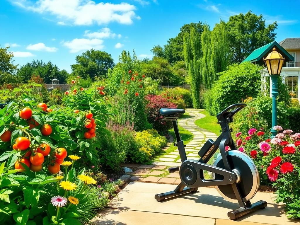 Flick International Lush vegetable garden with colorful vegetables and a recumbent bike symbolizing active living