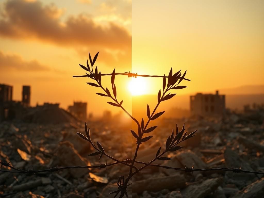 Flick International A split scene depicting ruins on one side and a vibrant sunrise on the other, symbolizing hope and restoration amidst conflict