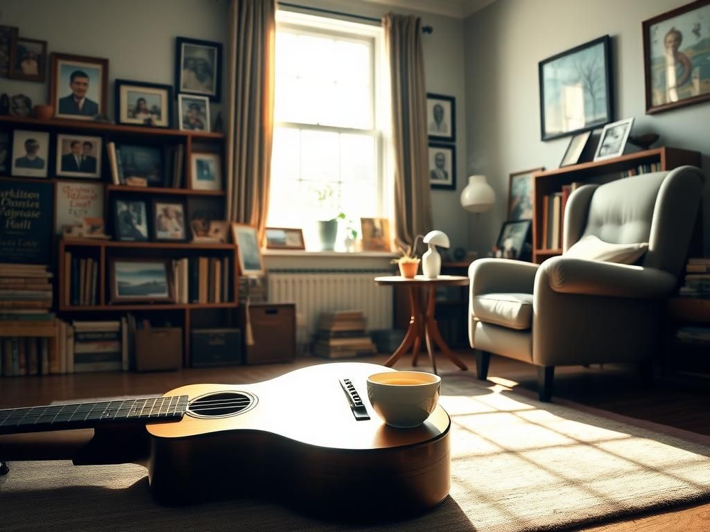 Flick International A serene study filled with memorabilia symbolizing peace and resilience, with a guitar and family photos.