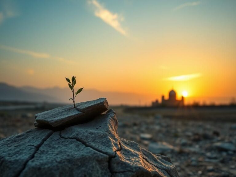 Flick International Serene landscape depicting resilience and hope with a delicate flower emerging from a cracked stone