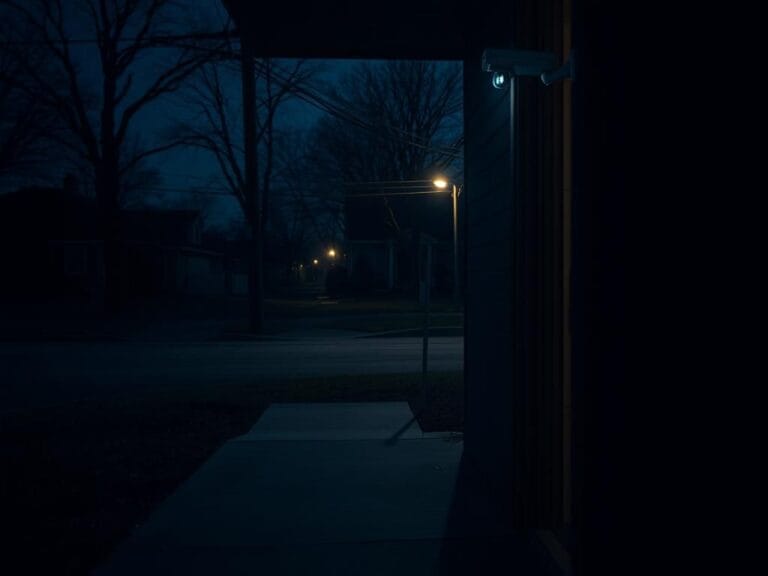 Flick International Dark residential street scene in Wichita with security camera and open door