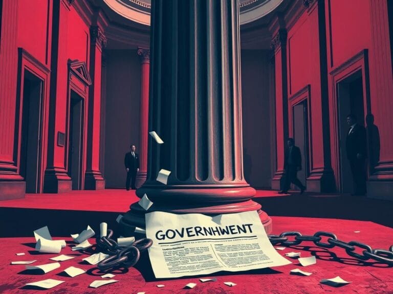 Flick International Ornate pillar amidst crumpled documents symbolizing government shutdown conflict