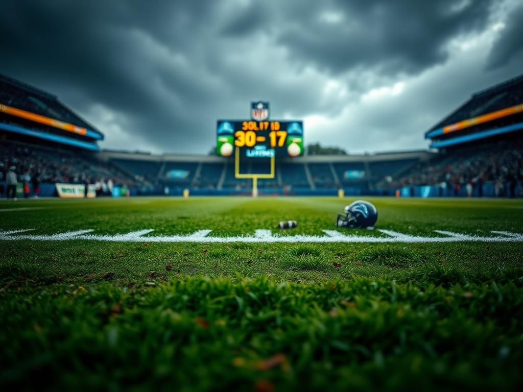 Flick International Dramatic scene of a football field post-game with tire tracks and scuff marks
