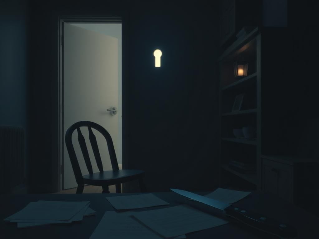 Flick International A dimly-lit apartment interior depicting a closed door with a keyhole, symbolizing confinement and unease.