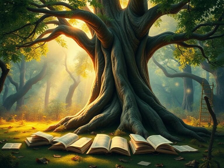 Flick International A whimsical enchanted forest scene with a majestic ancient tree and open books symbolizing storytelling.