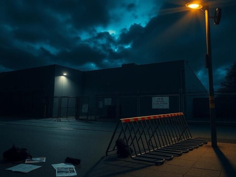 Flick International Exterior view of the ICE building in South Portland at night with police barriers visible