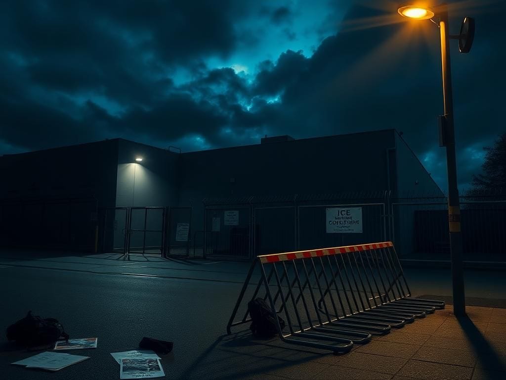 Flick International Exterior view of the ICE building in South Portland at night with police barriers visible