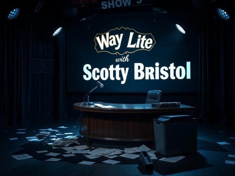 Flick International Dark and moody television studio set with an empty talk show desk