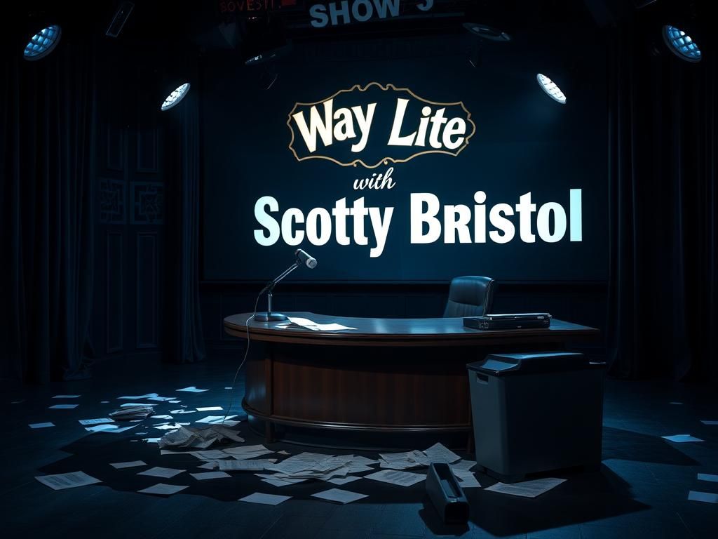 Flick International Dark and moody television studio set with an empty talk show desk