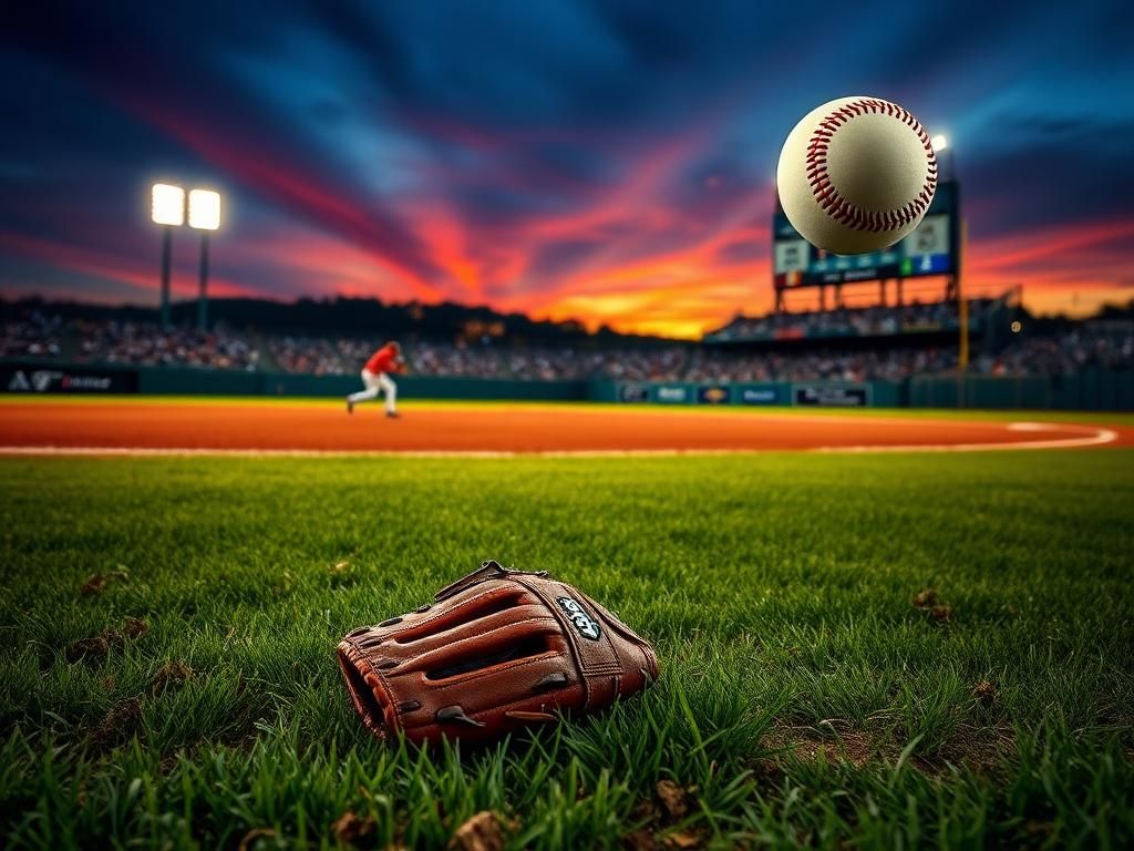 Flick International Abandoned baseball glove on a vibrant baseball field at twilight