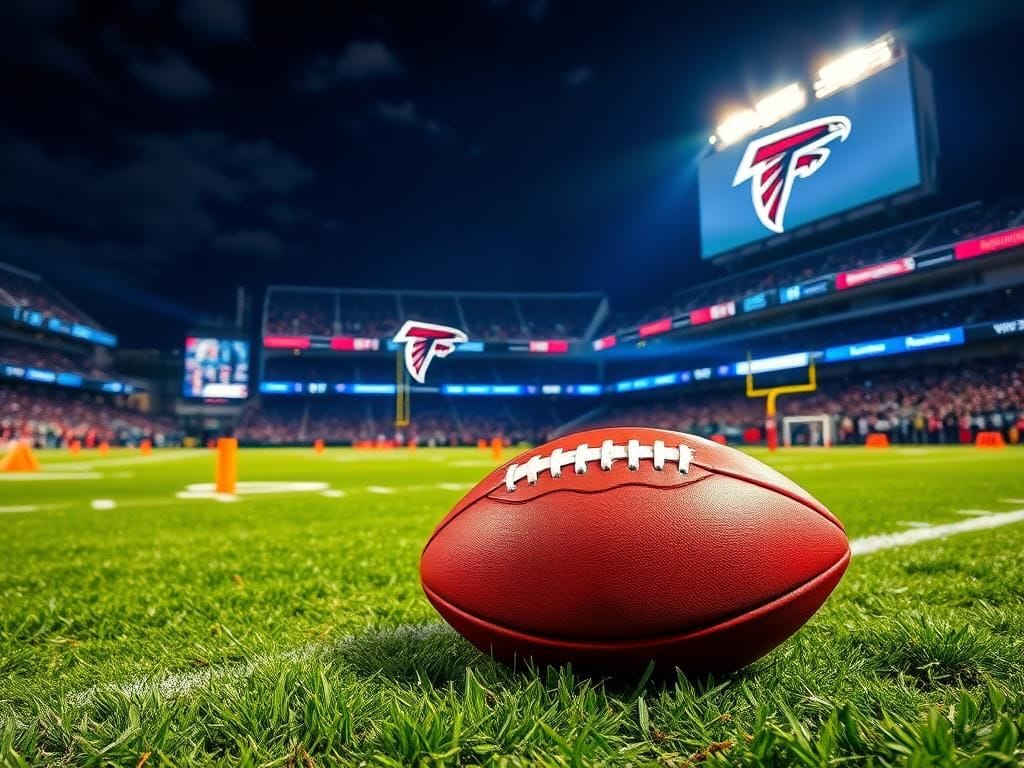 Flick International Football resting on green turf at Mercedes-Benz Stadium during Monday Night Football