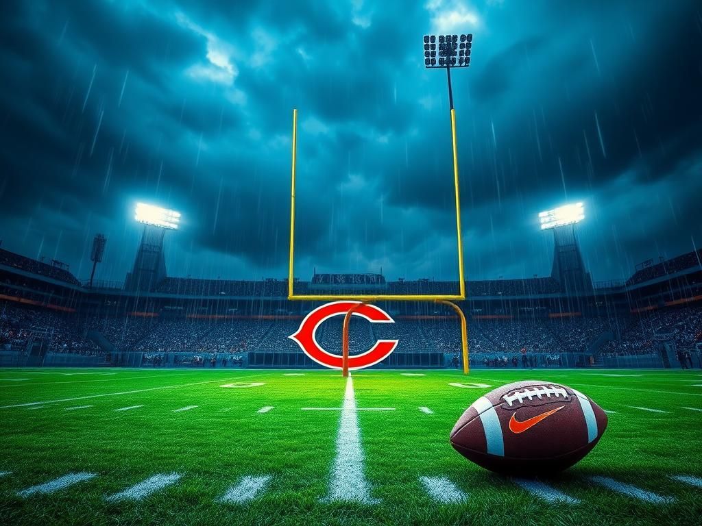 Flick International Rain-soaked Chicago Bears stadium with goalpost and wet football