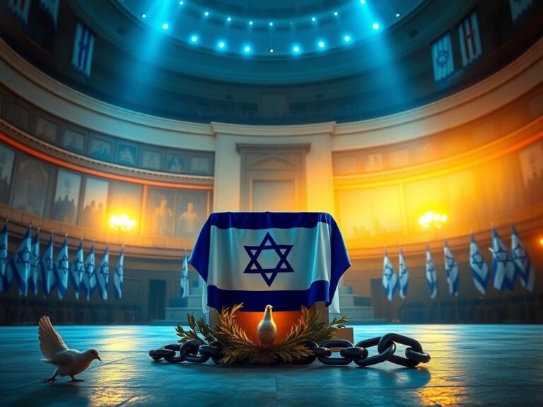 Flick International Empty podium in the Knesset adorned with an Israeli flag and symbols of peace