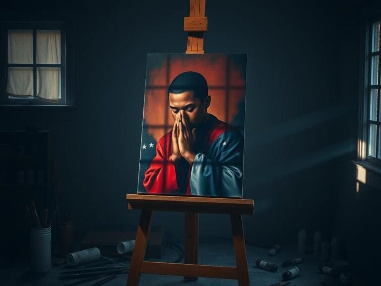 Flick International An easel displaying a powerful portrait of a contemplative figure in prayer within a dimly lit studio