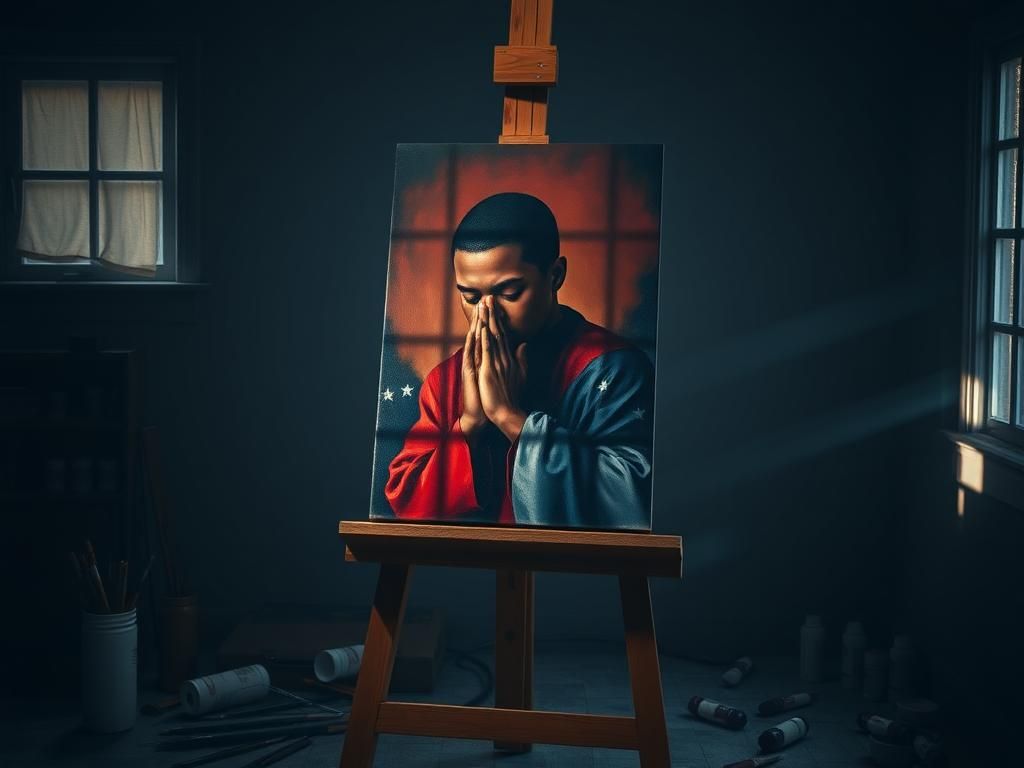 Flick International An easel displaying a powerful portrait of a contemplative figure in prayer within a dimly lit studio