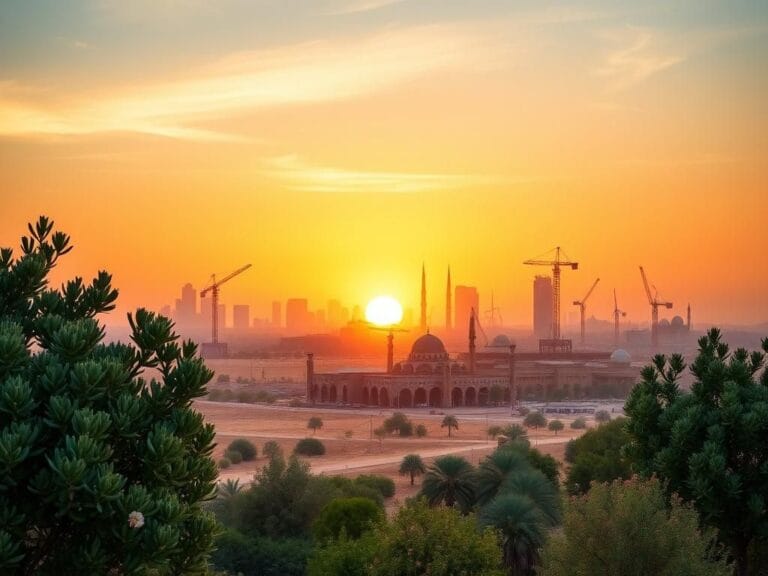 Flick International Panoramic view of a peaceful Middle Eastern landscape at sunrise with modern city skyline and traditional Islamic architecture
