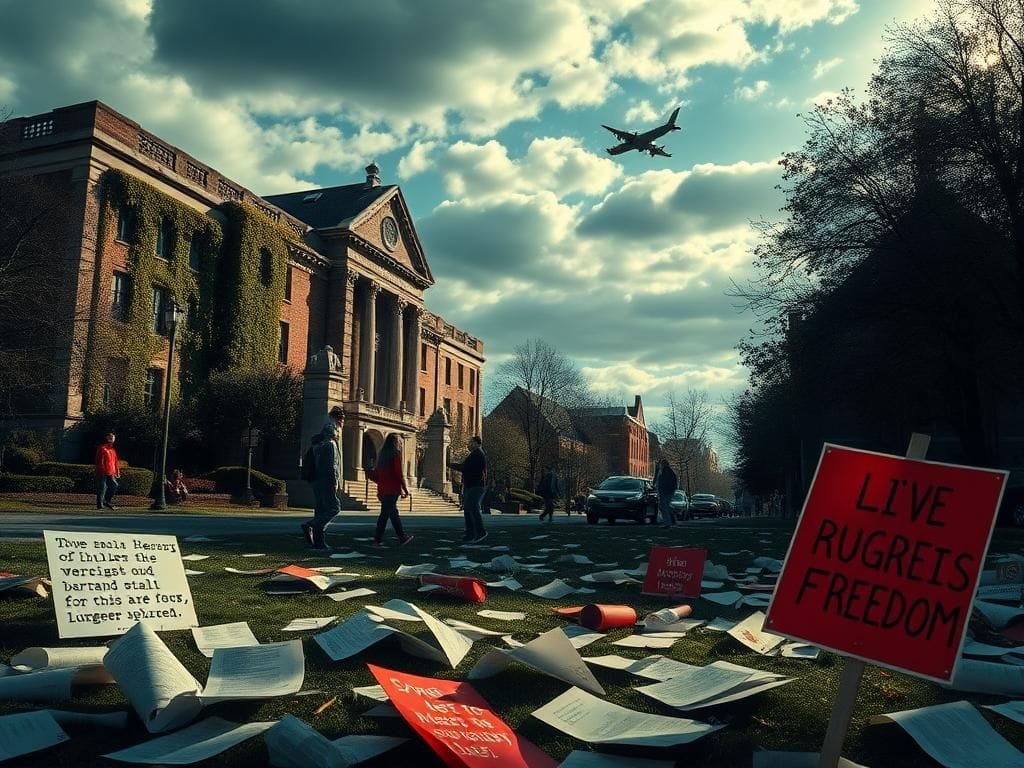 Flick International A bustling university campus scene at Rutgers University illustrating free expression and political controversy.