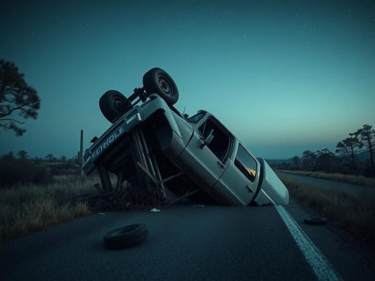Flick International Crashed white Chevrolet Silverado flipped upside down on Arizona highway