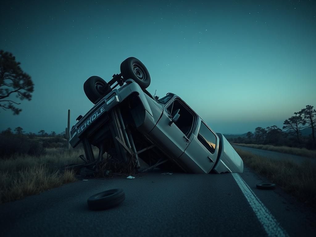 Flick International Crashed white Chevrolet Silverado flipped upside down on Arizona highway