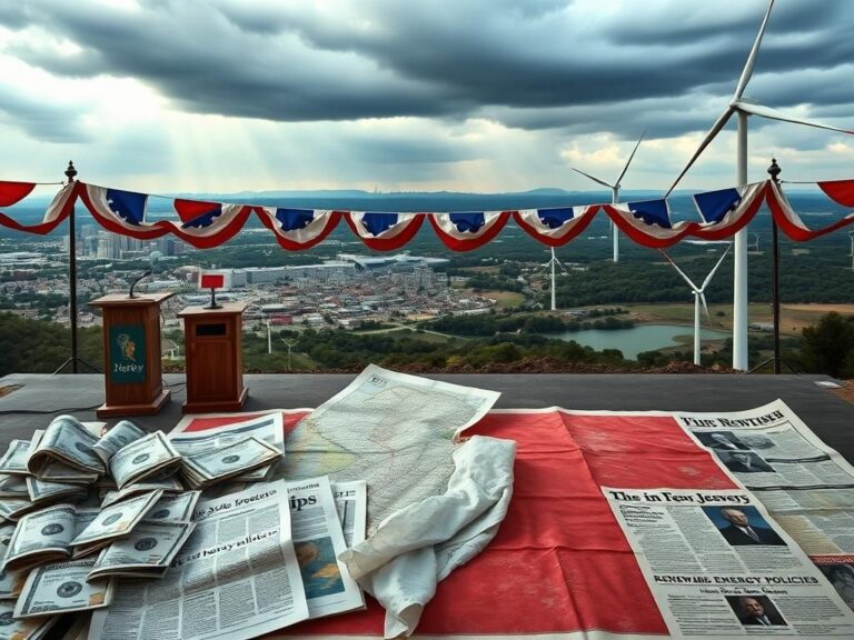 Flick International A dramatic landscape of New Jersey showcasing political battlegrounds with an empty campaign rally stage and campaign contributions.