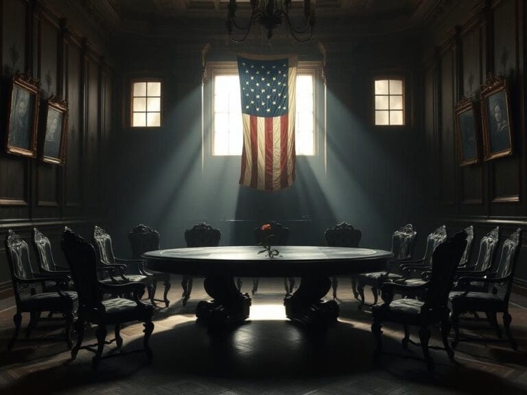 Flick International Dimly lit roundtable room featuring an opulent wooden table surrounded by ornate empty chairs