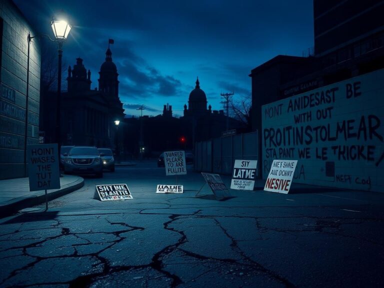 Flick International Dark urban landscape at dusk depicting political tension and unrest